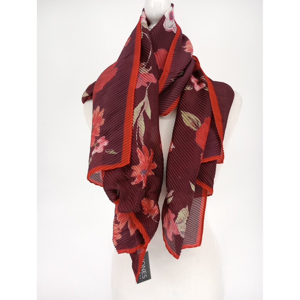 Jones New York Scarf Womens Burgundy Red Floral Pleated Lightweight Wrap Scraf - Picture 5 of 5